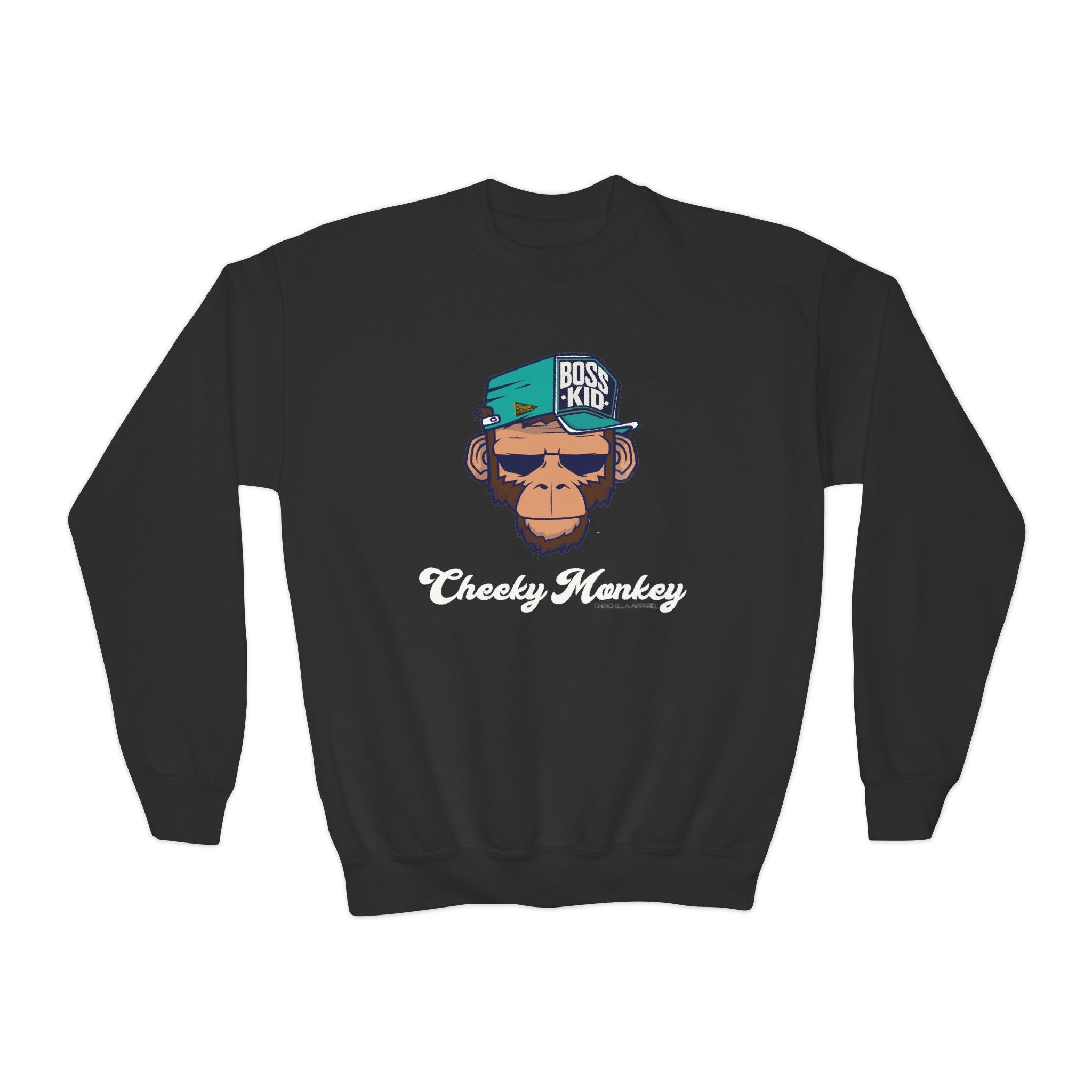 Black sweatshirt with a monkey graphic and text on a white background